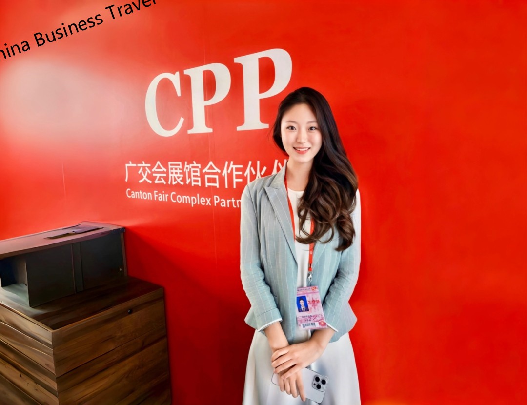 A professional interpreter reviewing a supplier quotation with an overseas buyer at a Canton Fair booth